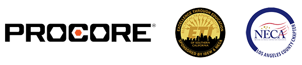 Procore, ETI, and NECA LA Chapter logos